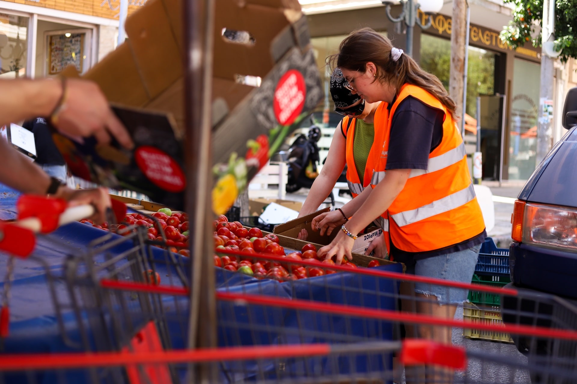 Greek America Corps volunteers sorting produce during a food-support project