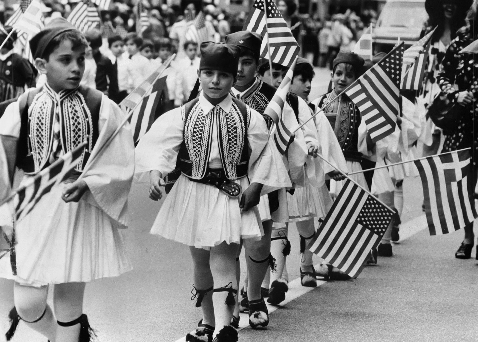 Greek American children carrying flags in a 1969 parade