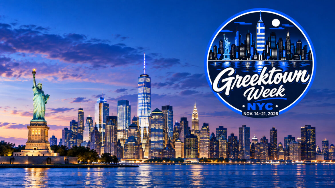 Greektown Week NYC skyline graphic announcing November 14–21, 2026