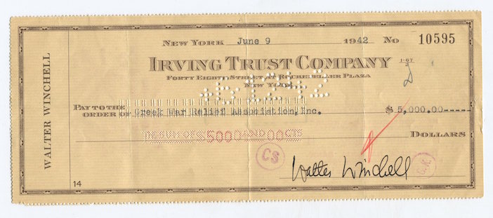 Five-thousand-dollar check from Walter Winchell to the Greek War Relief Association