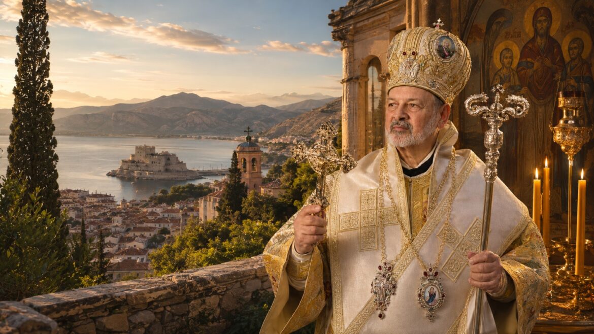 Illustrative portrait of Bishop Demetrios of Mokissos in Orthodox vestments overlooking Nafplion and the Peloponnese at golden hour