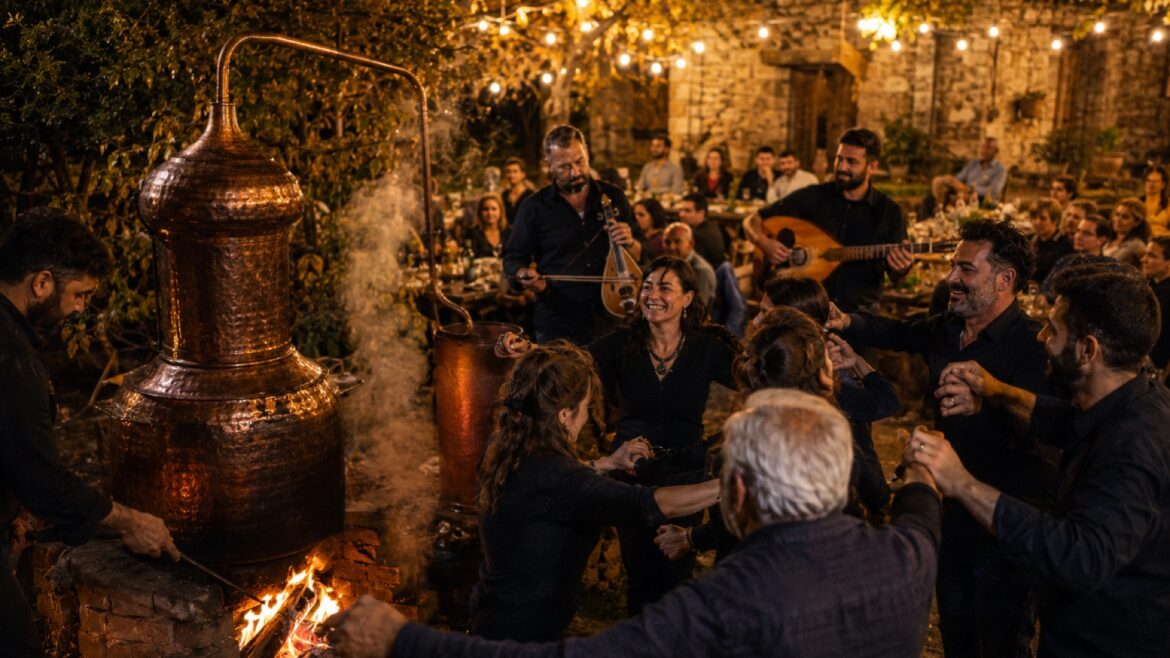 Illustrative scene of guests gathering around a traditional copper kazani with live Cretan music and dancing in Crete