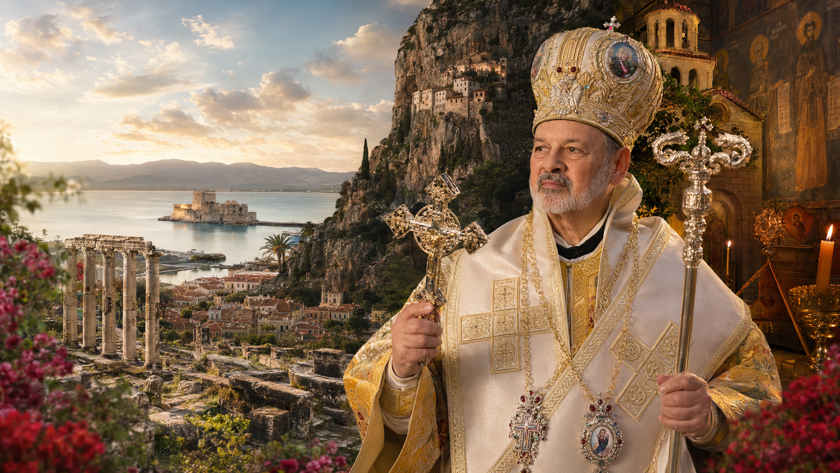 Bishop Demetrios of Mokissos with Greek landscapes and Orthodox church imagery