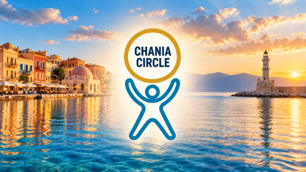Chania harbor and lighthouse at sunset with the Chania Circle logo centered.