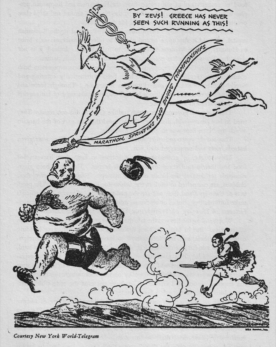 The 1940 Olympics, Herblock: Mussolini flees a Greek soldier