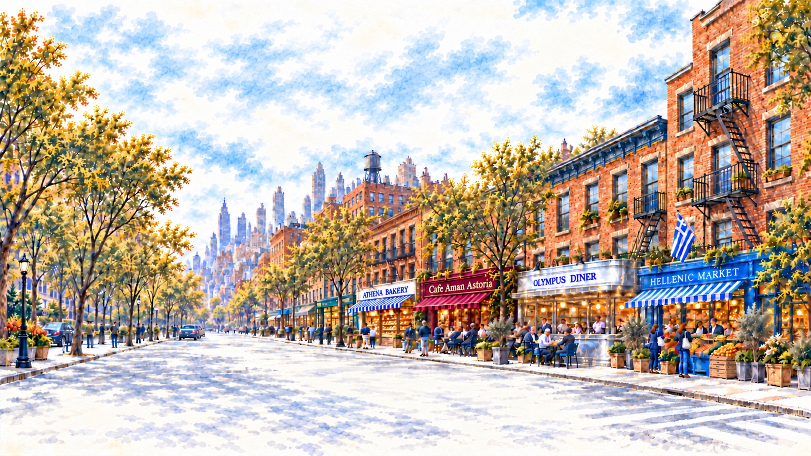 Illustrated Greek American neighborhood streetscape for Our Greektown