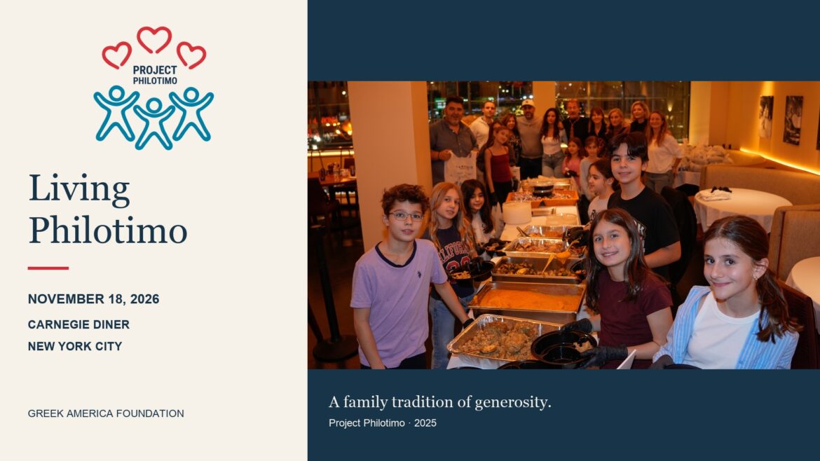 Official Project Philotimo logo beside children and families preparing meals at Carnegie Diner in 2025, with the Living Philotimo invitation for November 18, 2026.