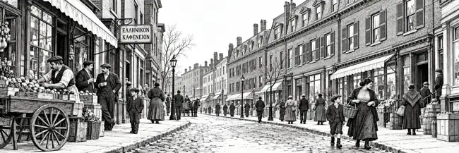 Historically researched black-and-white illustration of Boston’s Greek neighborhood
