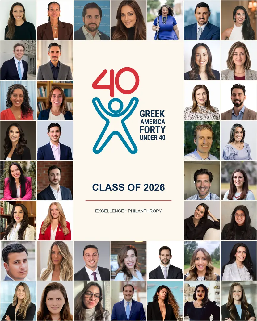 The complete Forty Under 40 Class of 2026, with each honoree pictured in an equal-size tile around the official Greek America Forty Under 40 logo