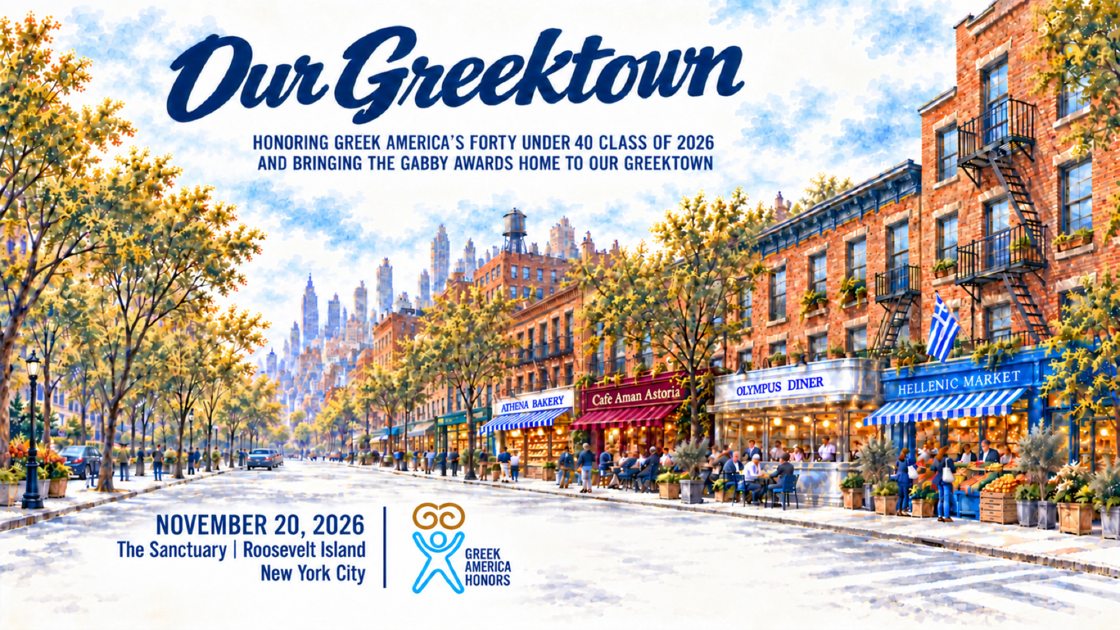 Our Greektown watercolor cityscape, the Greek America Honors 2026 event identity.