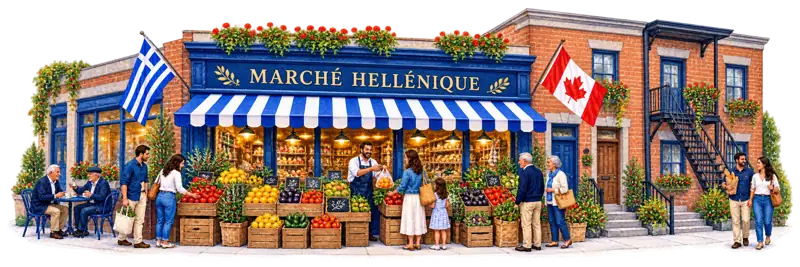 Watercolor neighborhood shops reflecting Greek community life in Canada