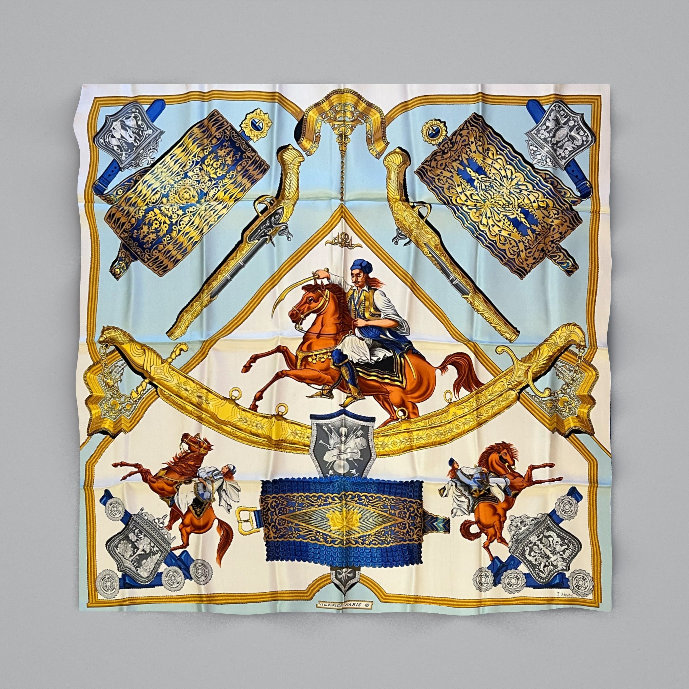 Hermès 1821 vintage silk scarf in sky blue and gold