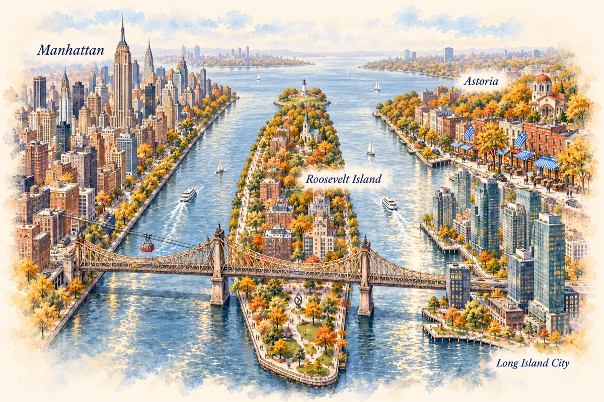 Watercolor illustration of Roosevelt Island in the East River, with Manhattan to the west, Astoria to the northeast and Long Island City to the southeast