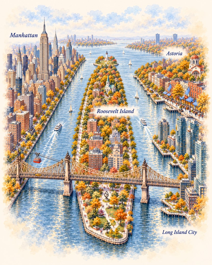 Watercolor illustration of Roosevelt Island in the East River, with Manhattan to the west, Astoria to the northeast and Long Island City to the southeast