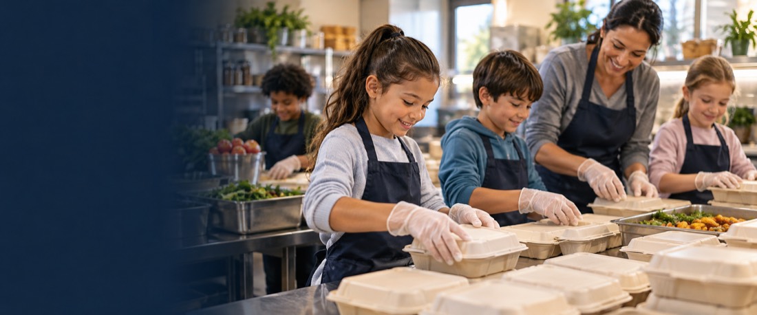 AI-generated illustration of children and an adult packing meals for people in need